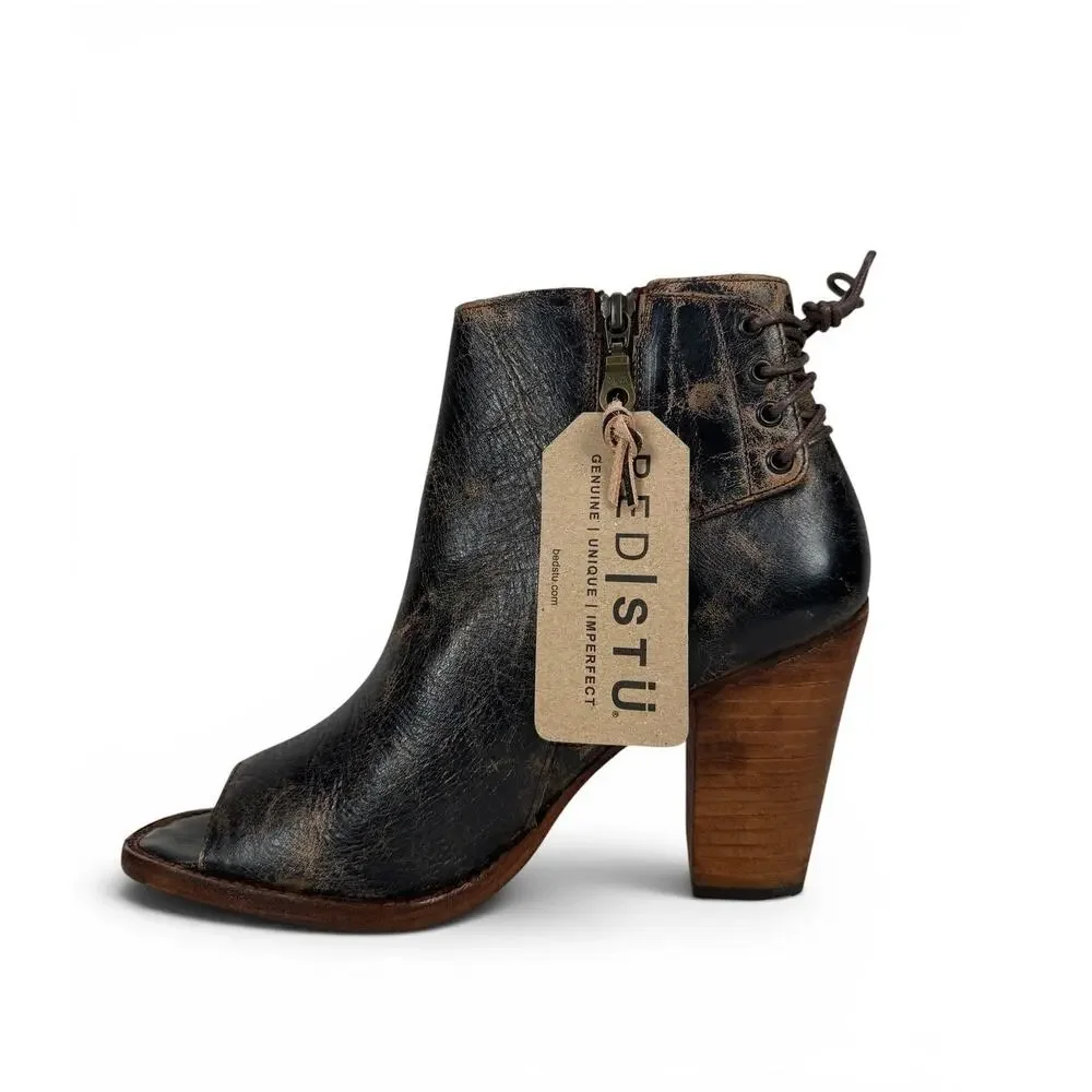 Bed Stu Angelique Peep Toe Bootie Heel Womens 9 Black Lux Distressed Leather